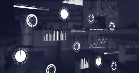 Image of multiple graphs moving over empty stools in coffee shop Ilustração Stock