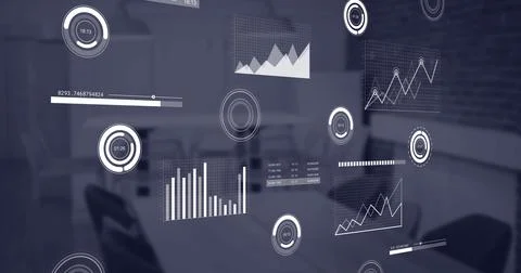 Image of multiple graphs moving over empty chairs and table in coffee shop Stock Illustration