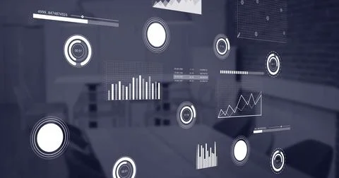 Image of multiple graphs moving over empty chairs and table in coffee shop Stock Illustration