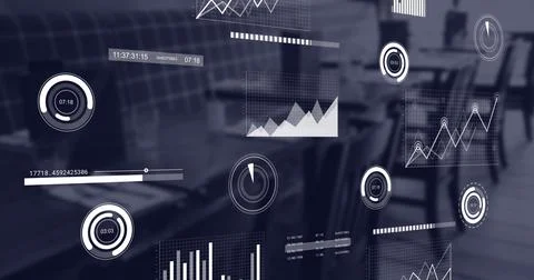Image of multiple graphs moving over empty chairs and tables arranged in coffee Stock Illustration