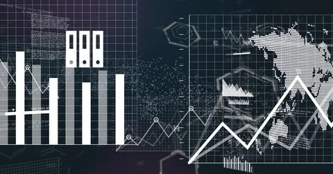Image of multiple graphs over dna helix and computer language against black.. 스톡 사진