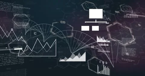Image of multiple graphs over dna helix and computer language against black.. Stock Photos