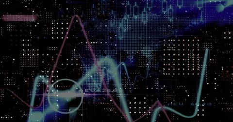Image of multiple graphs over dots forming abstract pattern, numbers and map 스톡 사진