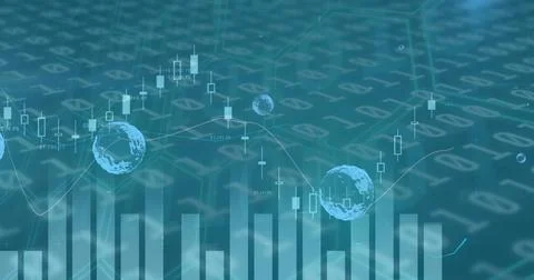 Image of multiple graphs over globes against binary codes on blue background Illustrazione stock