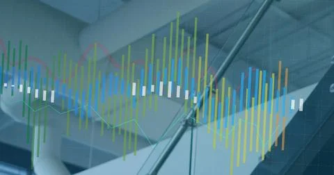 Image of multiple graphs over staircase and ceiling of office 写真素材