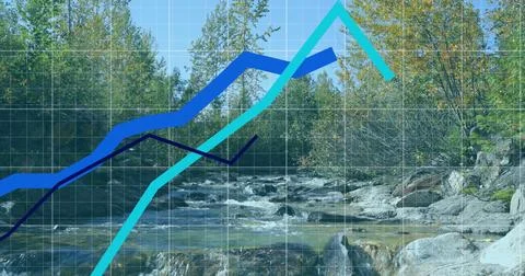 Image of multiple graphs over stream in forest against clear sky Stock Photos