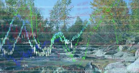 Image of multiple graphs over stream in forest against clear sky Stock Photos