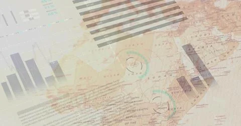 Image of multiple graphs rolling over a compass lying on a map Ilustração Stock