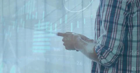 Image of multiple graphs, trading board, loading circles, caucasian man usi.. Stock Photos