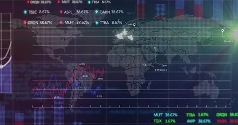 Image of multiple graphs with trading boards over illuminated pattern moving on 스톡 사진