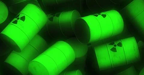 Image of multiple green barrels with black nuclear symbols Foto stock