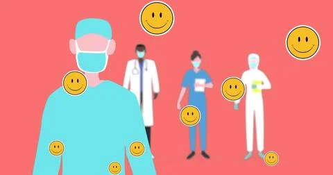 Image of multiple heart eyes face emojis floating against health workers wearing 스톡 일러스트