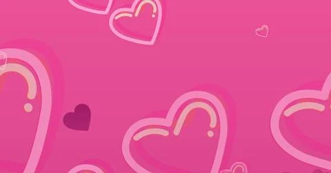Image of multiple heart icons floating against copy space on pink background Foto stock