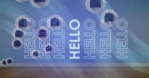 Image of multiple hello text banners over message icons floating against blue Stock Illustration