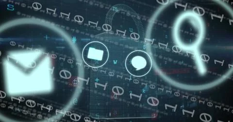 Image of multiple icon in circles, binary codes, padlock, texts, letters, Stock Photos