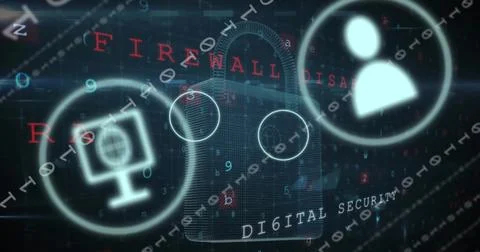 Image of multiple icon in circles, binary codes, padlock, texts, letters, Stock Photos