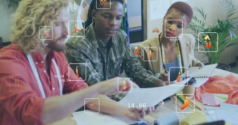 Image of multiple icon in squares over diverse designers discussing about design Stock Photos