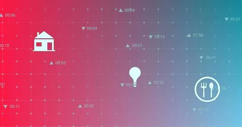 Image of multiple icons and changing numbers over grid pattern against gradient 스톡 일러스트