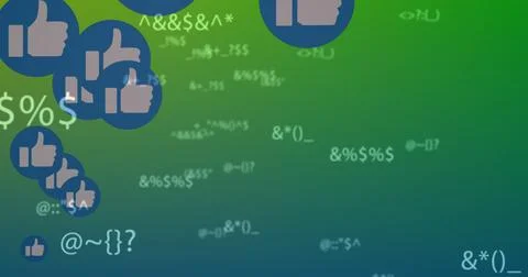 Image of multiple like icons and changing symbols against green gradient Stock Illustration