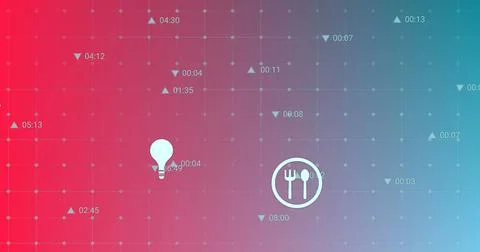 Image of multiple icons and changing numbers over grid pattern against gradient Foto stock