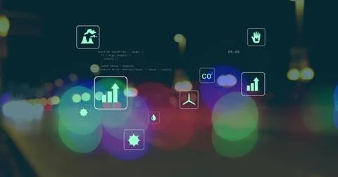 Image of multiple icons and computer language over blurred vehicles moving on Stock Photos