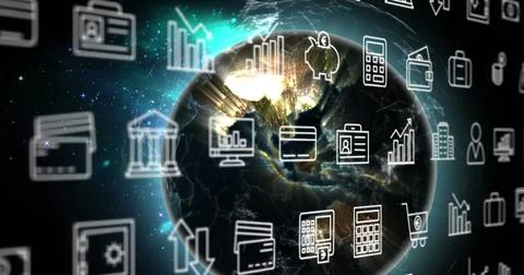 Image of multiple icons and connected dots around globe against abstract Stock Illustration