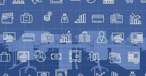 Image of multiple icons and grid pattern over digital modern workplace in o.. Foto stock