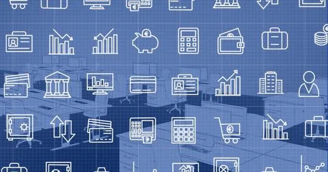 Image of multiple icons and grid pattern over 3d model of digital workspace.. Foto stock
