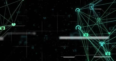 Image of multiple icons connected with lines forming globes and programming Stock Illustration