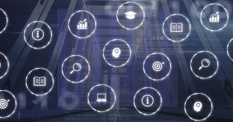 Image of multiple icons, graphs and computer language over data server room Foto stock