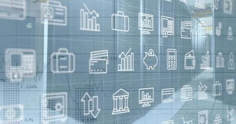 Image of multiple icons, graphs with changing numbers over data server racks Stock Photos