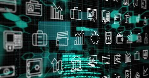 Image of multiple icons, hexagons, computer language and rectangles over black Stock Photos