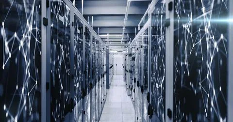 Image of multiple icons over connected dots on data server racks in server room 스톡 사진