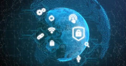 Image of multiple icons over connected dots around globes over abstract Stock Photos