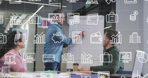 Image of multiple icons over diverse manager explaining strategy on whiteboard Stock Illustration