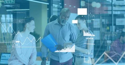 Image of multiple icons over diverse coworkers standing and discussing in office Stock Photos