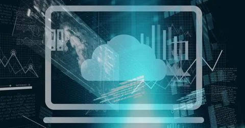 Image of multiple icons over graphs, globe, loading bars, computer language on Stock Photos