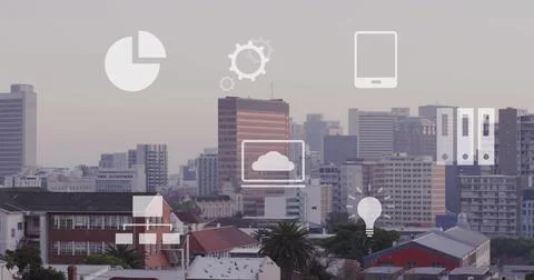 Image of multiple icons over modern cityscape against sky Foto stock