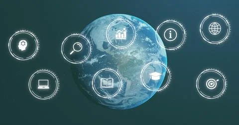 Image of multiple icons over rotating globe against abstract background Stock Photos