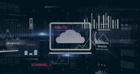 Image of multiple icons over texts, graphs and computer language against black Stock Photos