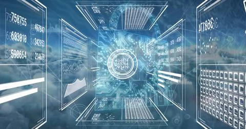 Image of multiple interface screens with processing data over blue cloudy sky 写真素材