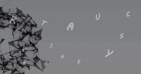 Image of multiple letters changing over network of connections Stock Illustration