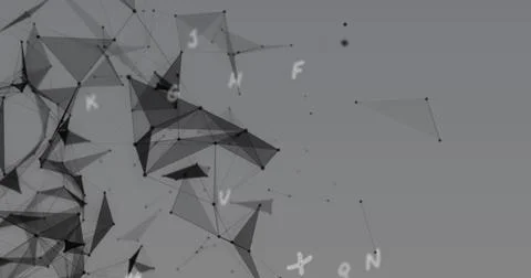 Image of multiple letters changing over network of connections Stock Illustration