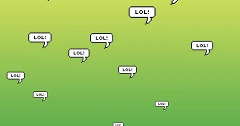 Image of multiple Lol text on speech bubbles floating against green background Stock Photos