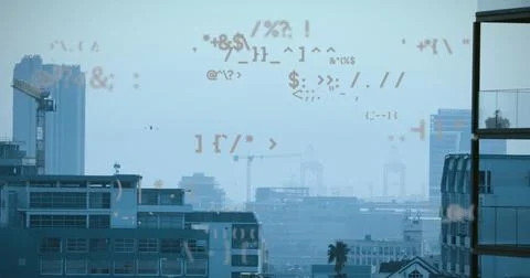 Image of multiple looping symbols over buildings and drone flying against c.. Stock Photos