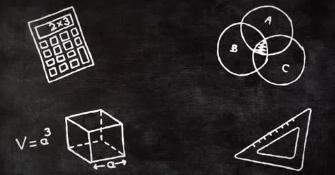 Image of multiple mathematics concept icons against blackboard Stock Illustration