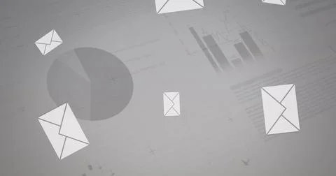 Image of multiple message icons falling over statistical data processing against Stock Photos