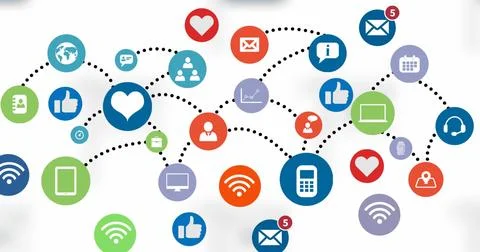 Image of multiple mobile application icons connected with dots on white Stock Photos
