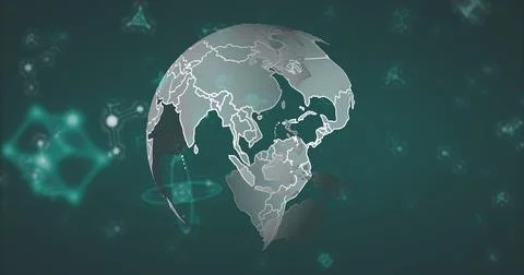 Image of multiple molecules floating over rotating globe against abstract Stock Photos
