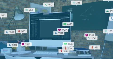 Image of multiple notification bars over programming language on computer in Stock Photos